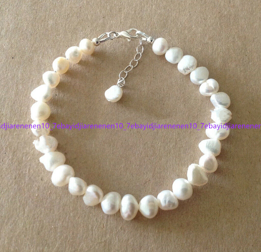 Natural 7-8/8-9mm South Sea Freshwater Real White Baroque Pearl Bracelet 7.5 in