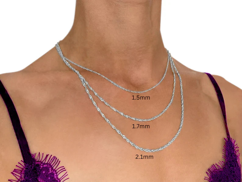 14K Solid White Gold Singapore Chain Necklace, 1.5mm TO 2.1mm Wide.