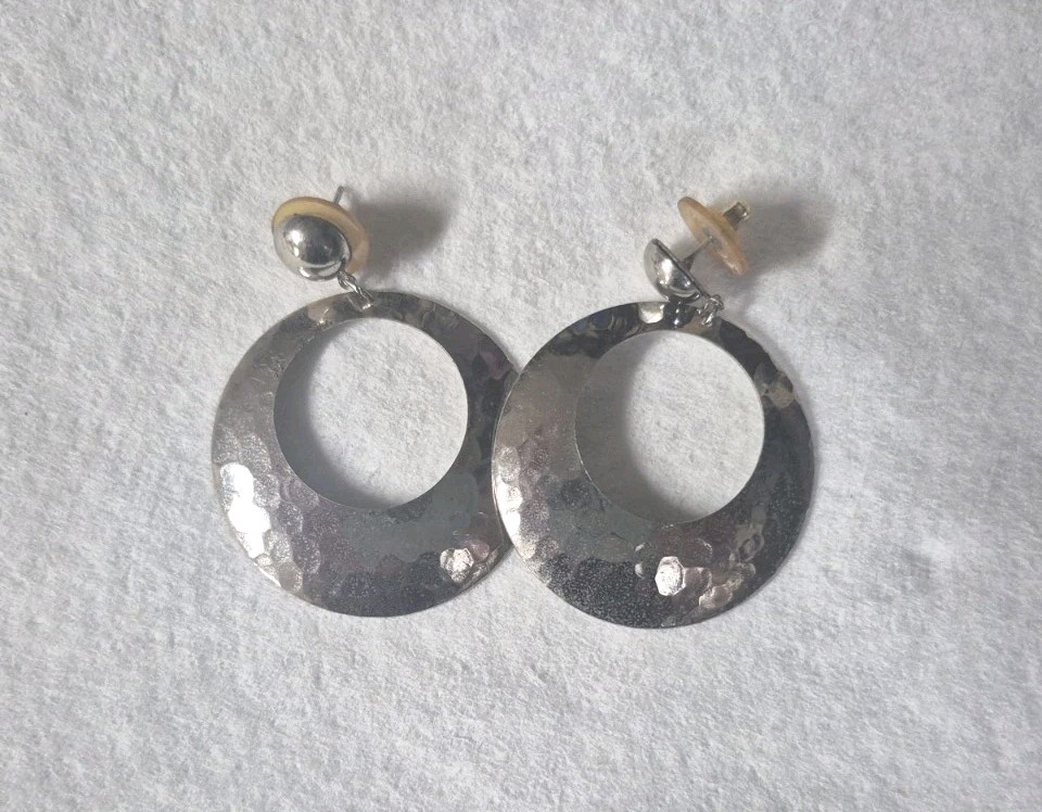 Vintage Silver Tone Disc Dangle Drop Earrings, Butterfly Back, Retro 1980s