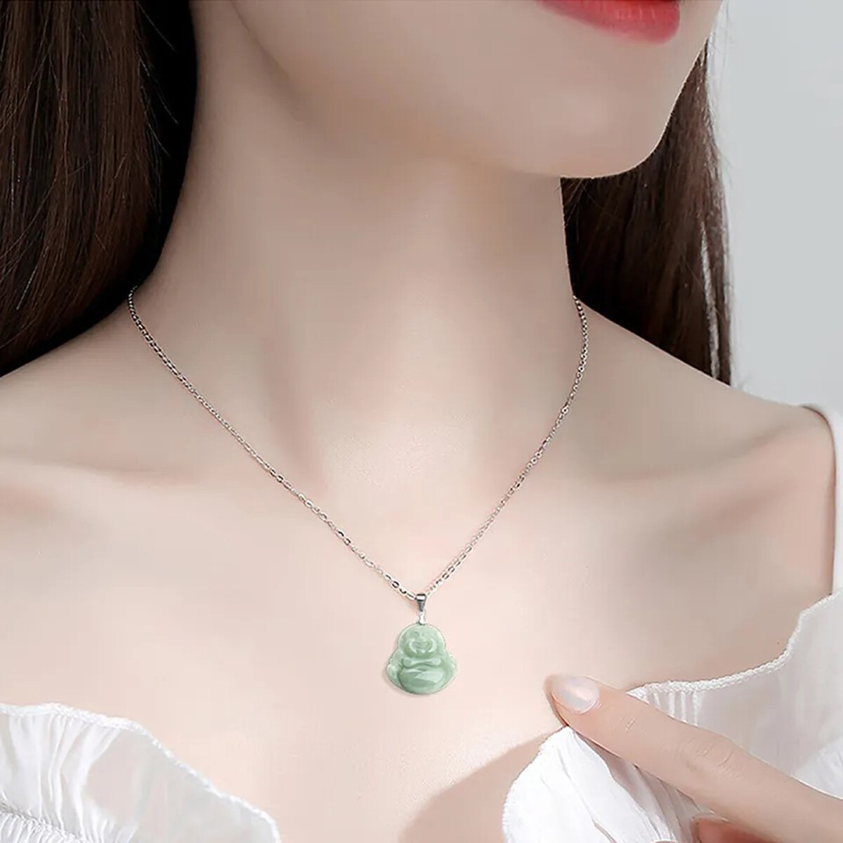 Natural Jadeite Green Jade Handcarve Maitreya Buddha Pendant Necklace Link Chain