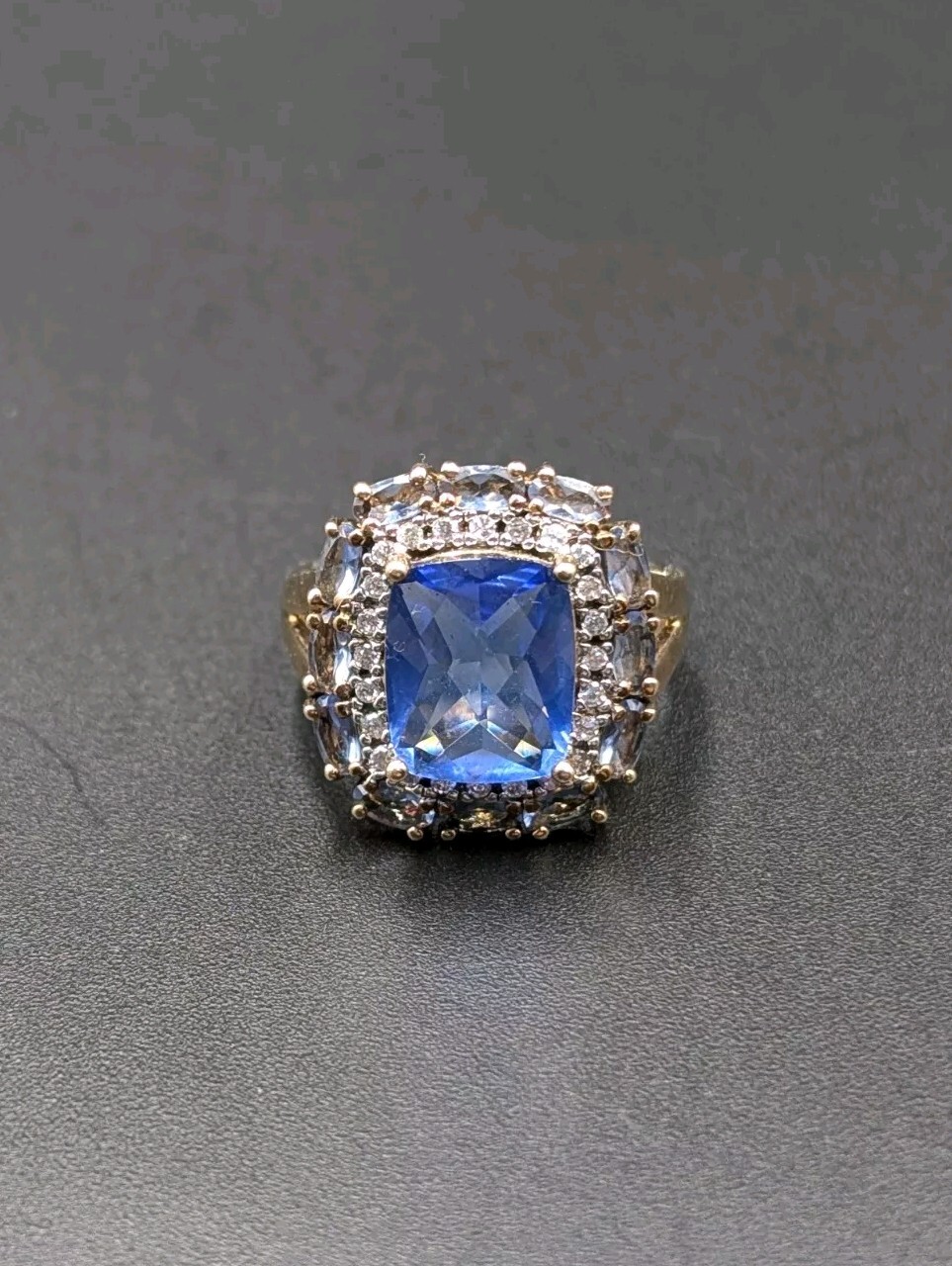 Ross Simons 14k Gold Plated Sterling 925 Simulated Tanzanite Iolite CZ Halo Ring