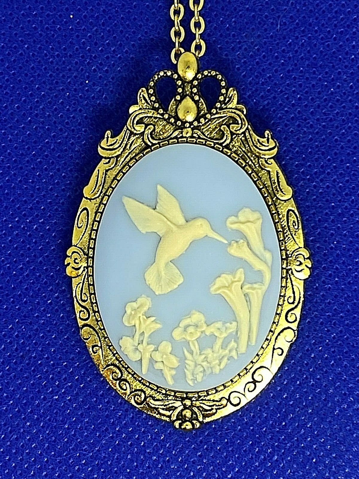 Hummingbird White Blue Cameo Gold Pendant Necklace Brooch Mom VALENTINES Gift