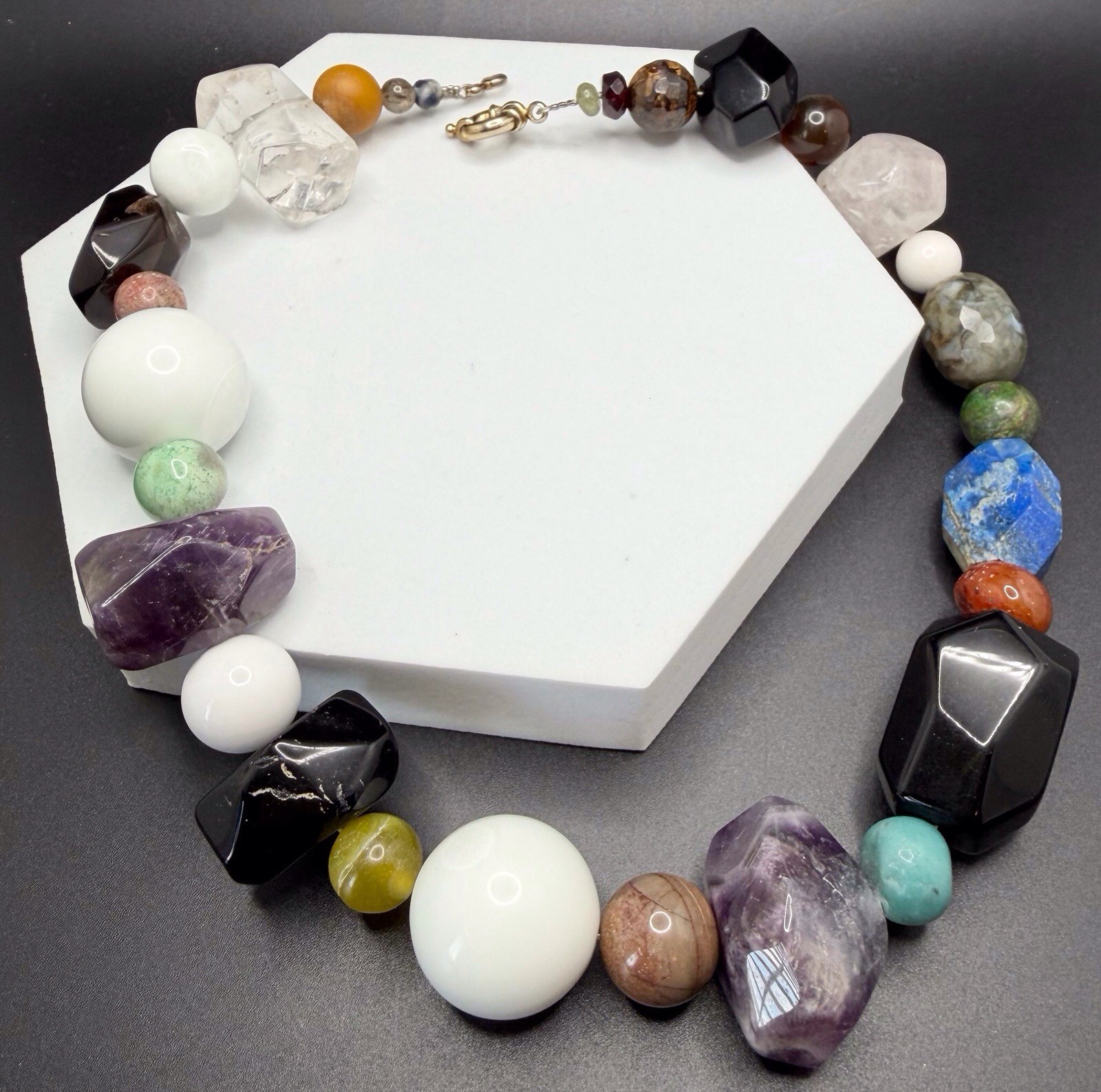 Multicolor Natural Beads Variety Of Stones Chunky Statement Necklace 17.5”