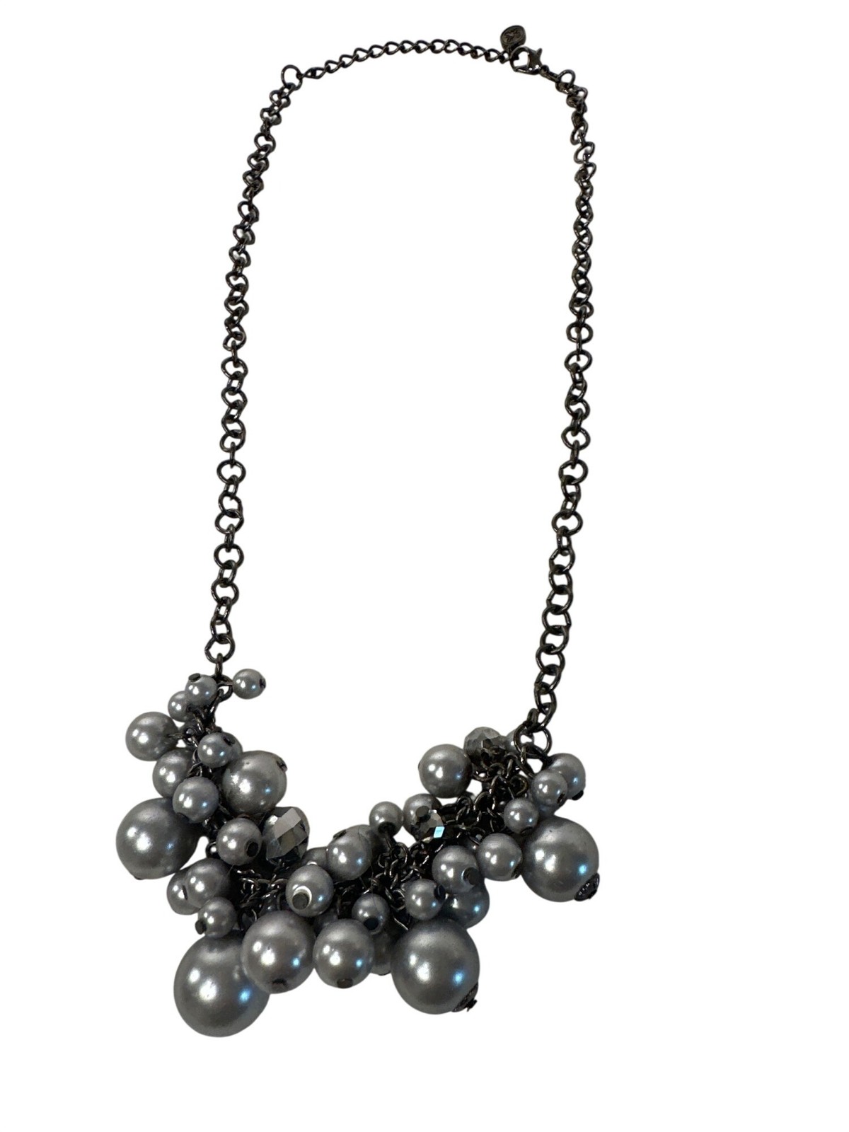 Gray Pearl Necklace Cluster Statement Gunmetal Chain 23″ Formal & Casual Wear