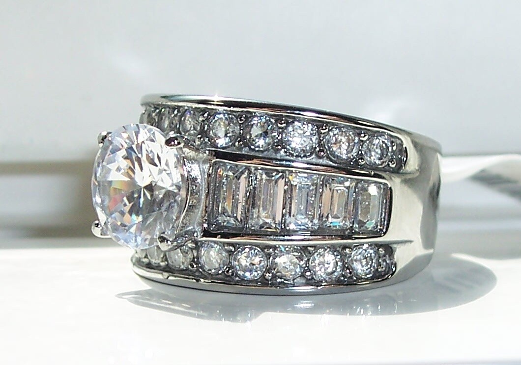 Round Brilliant Cut & Baguette Band Ring CZ Stainless Steel Women’s Sizes 5-10