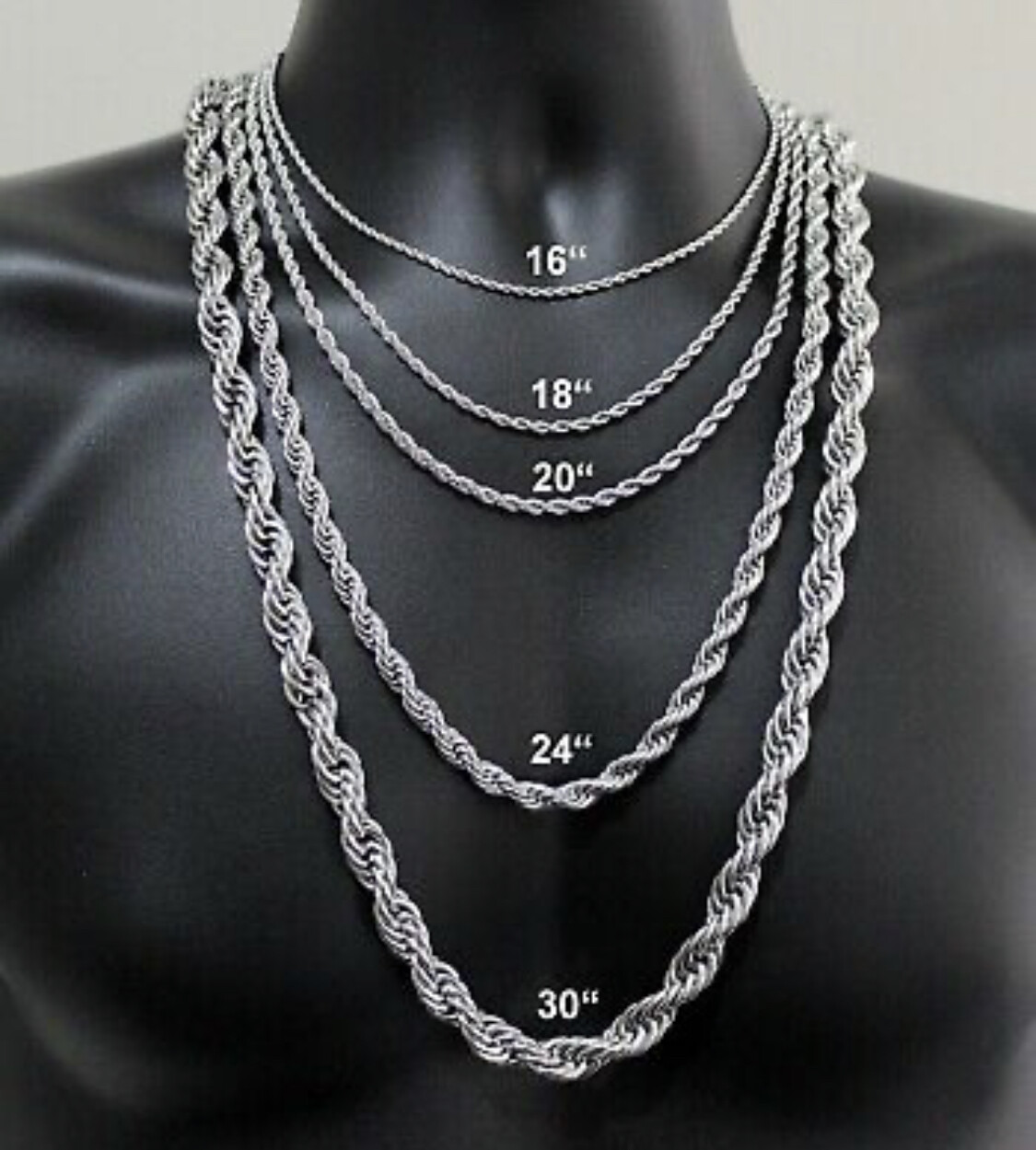 Rope Chain Necklace Silver Stainless Steel 3/4/5/7mm 20-30″ Mens Womens
