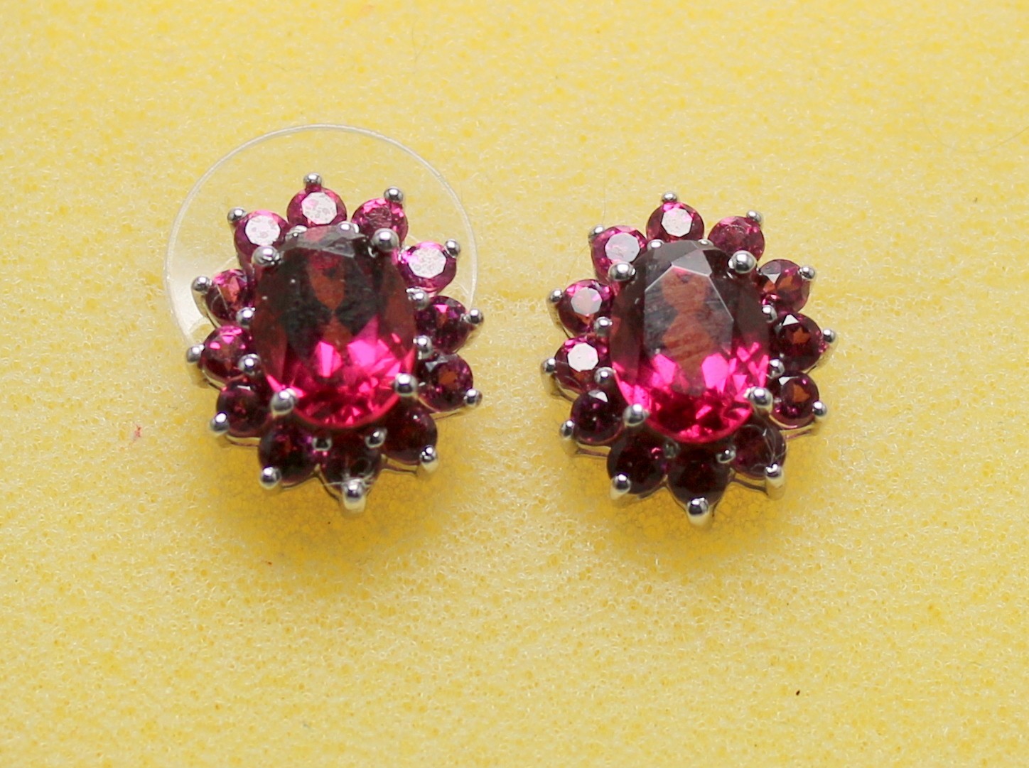 ORISSA RHODOLITE GARNET-OVAL FLORAL CLUSTER-STUD EARRINGS-PLATINUM/STER SILV