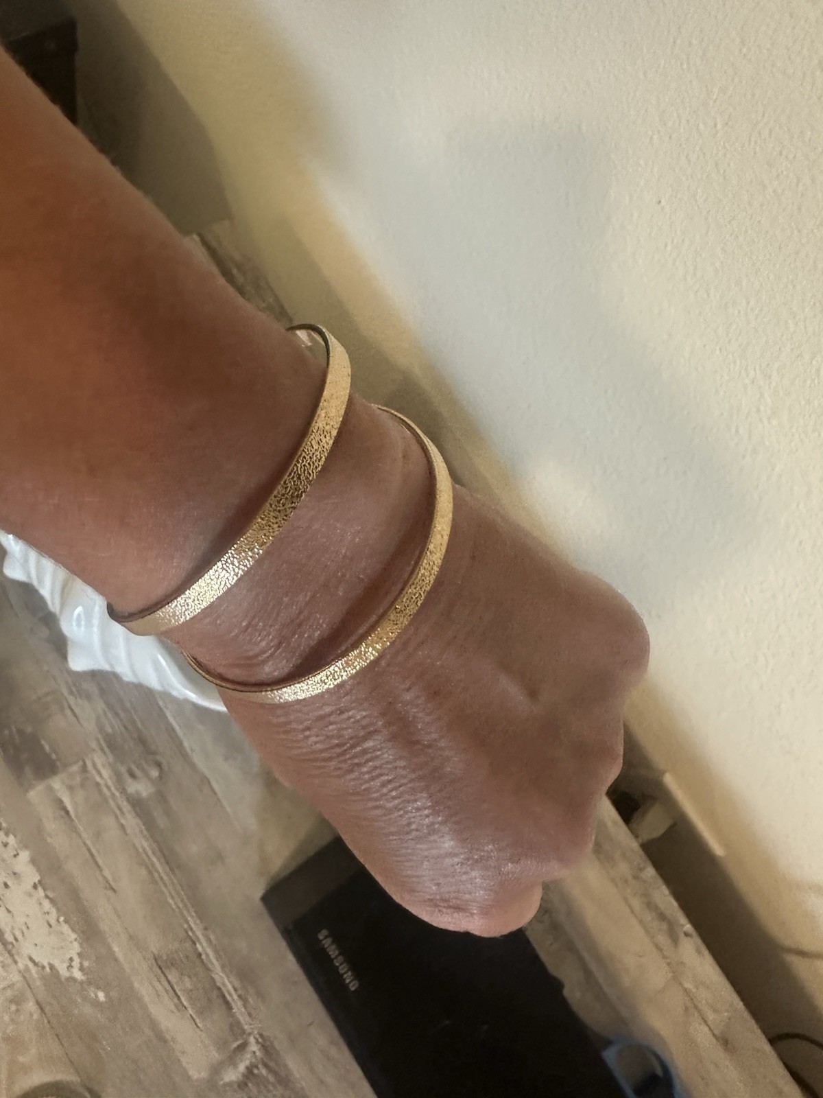 Gold Tone Textured Open Cuff Bangle Bracelets Set of 2, Stackable Metal