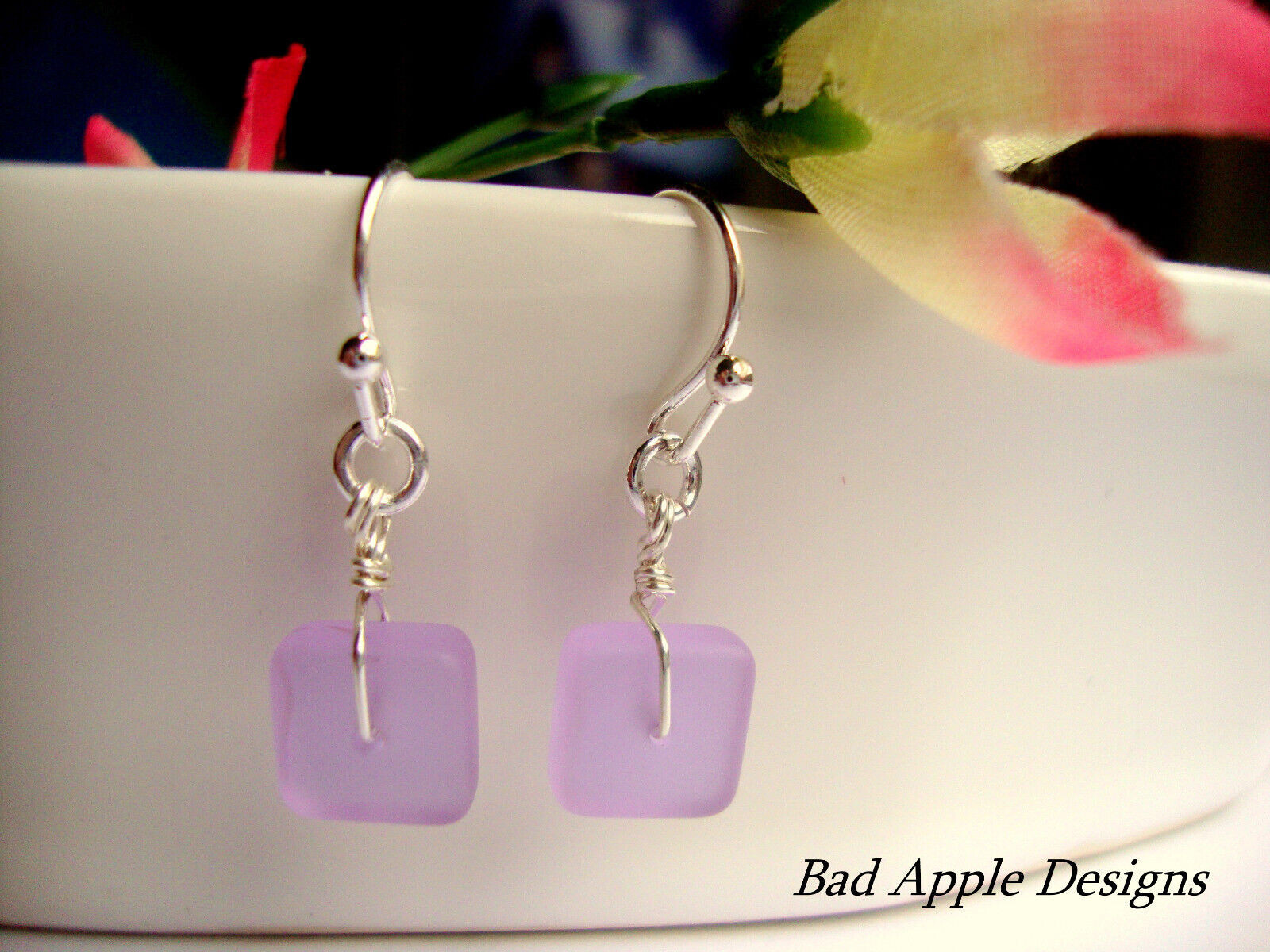 Flat, Forward-Facing, Dainty Frosted Sea GlassSilver Dangle Earrings, Minimalist