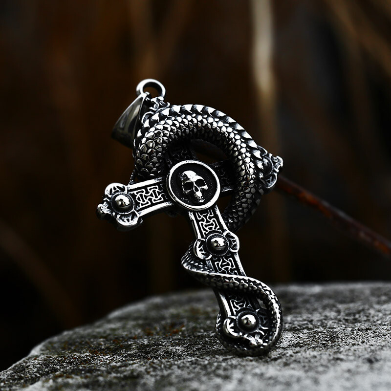 SMITH Cool Gothic Men’s Dragon Skull Cross Pendant Necklace Stainless Steel Men
