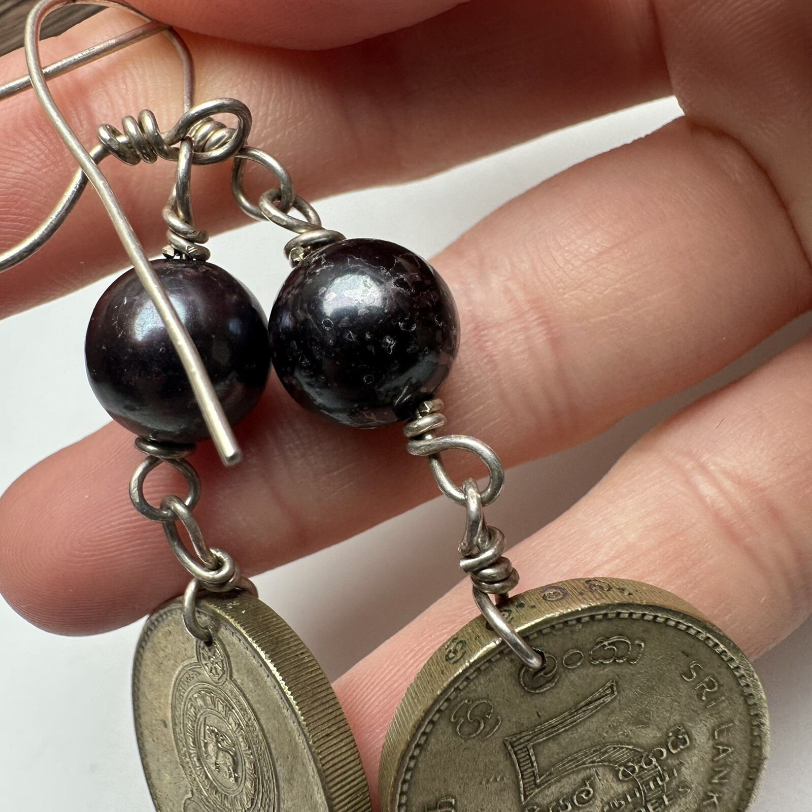 Sri Lanka 5 Rupees Coin Beaded Dangle Drop Pierced Earrings