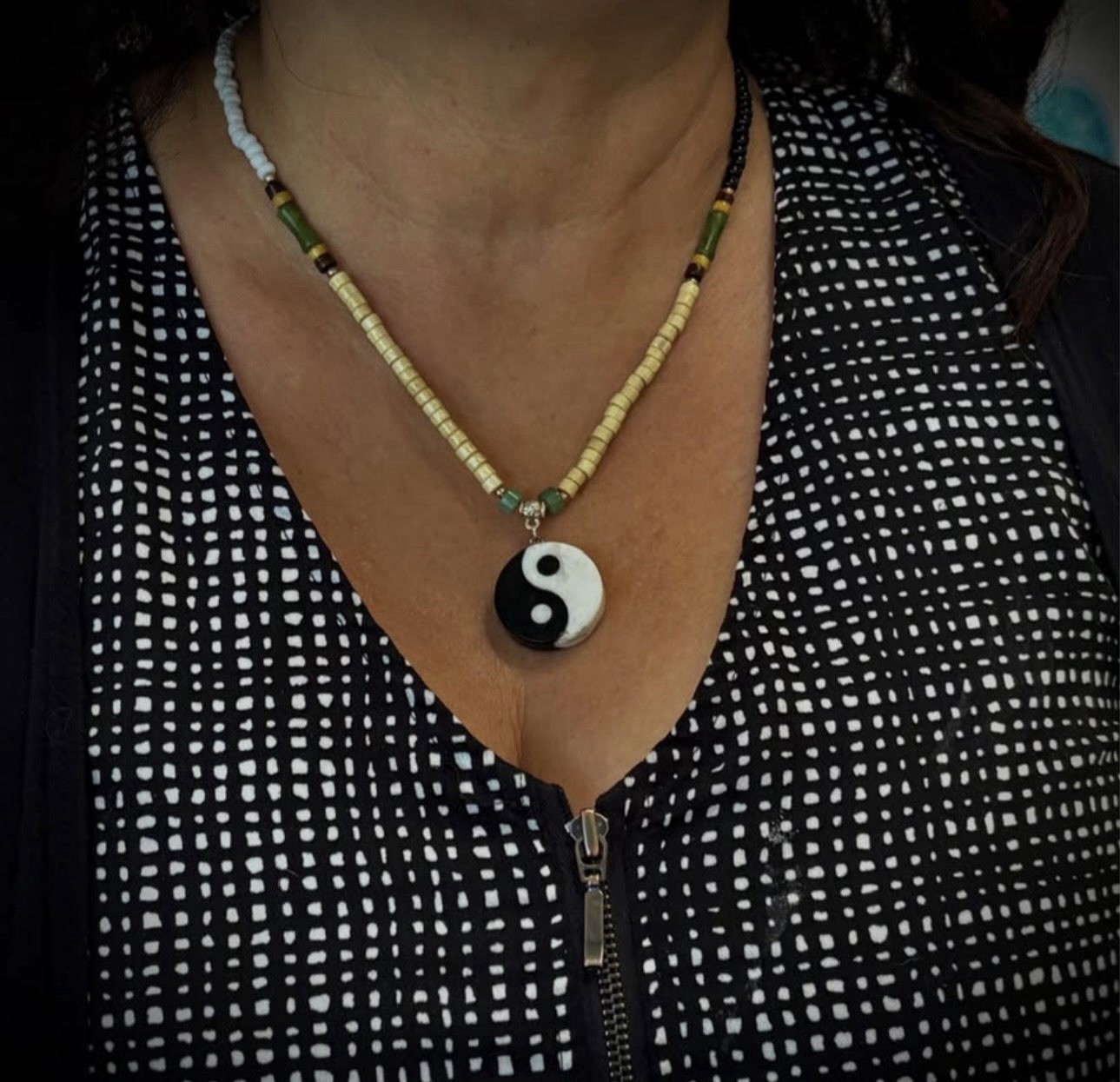 Multicolor Glass & Wood Beaded Necklace w/ Round Yin Yang Pendant, Adjustable