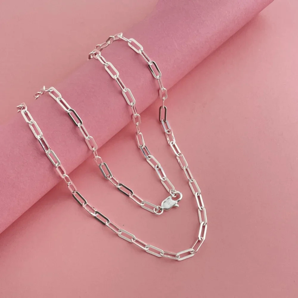 Paperclip Chain Necklace 925 Sterling Silver 3mm 45-60cm Women Jewelry
