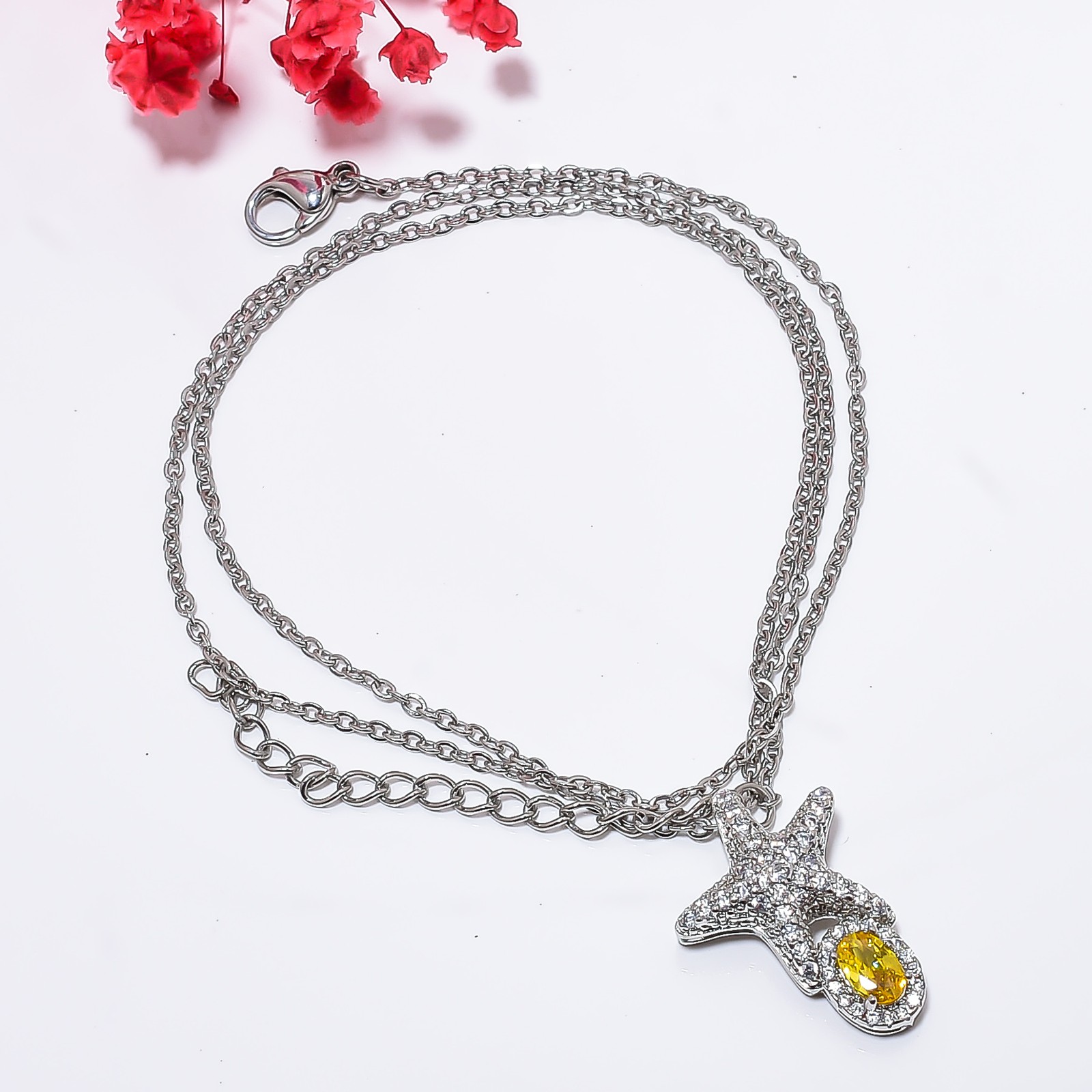 Yellow Sapphire Simulated & Cz 925 Silver Star Pendant With Chain 18-20″ CP5753