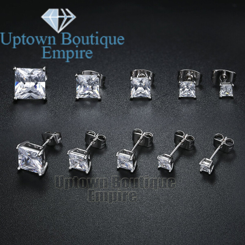Men Women’s 925 Sterling Silver Square Stud Earrings 2,3,4,5,6,7,8,9,10mm