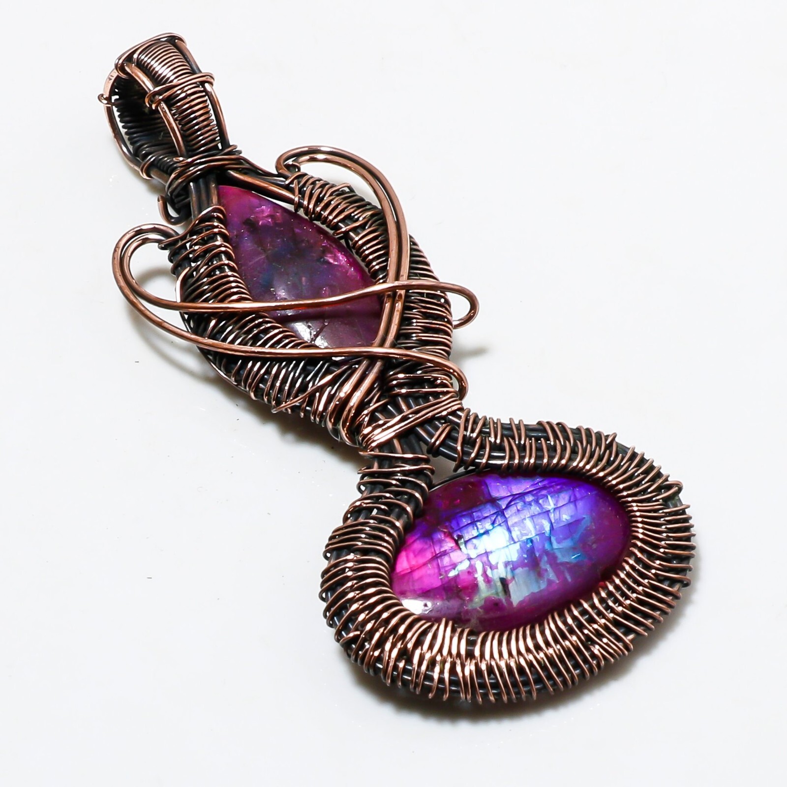 Wire Warp Copper Pink Fire Labradorite Gemstone Pendant Jewelry Size 3 Inches
