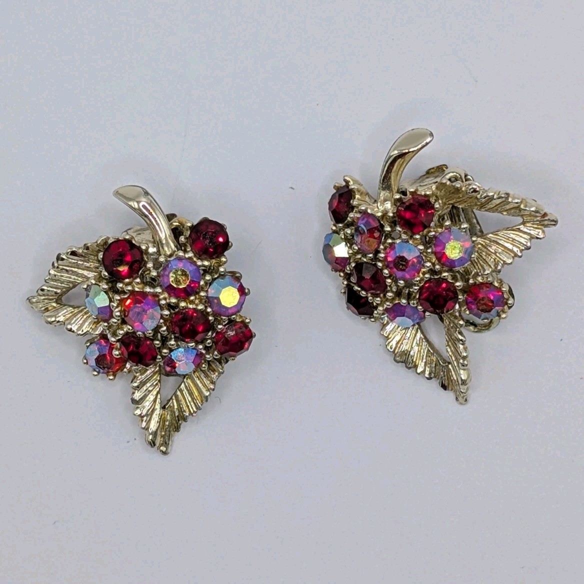 Vintage Red & Silver metal Berry Leaf Cluster Red & Aurora Borealis AB Earrings