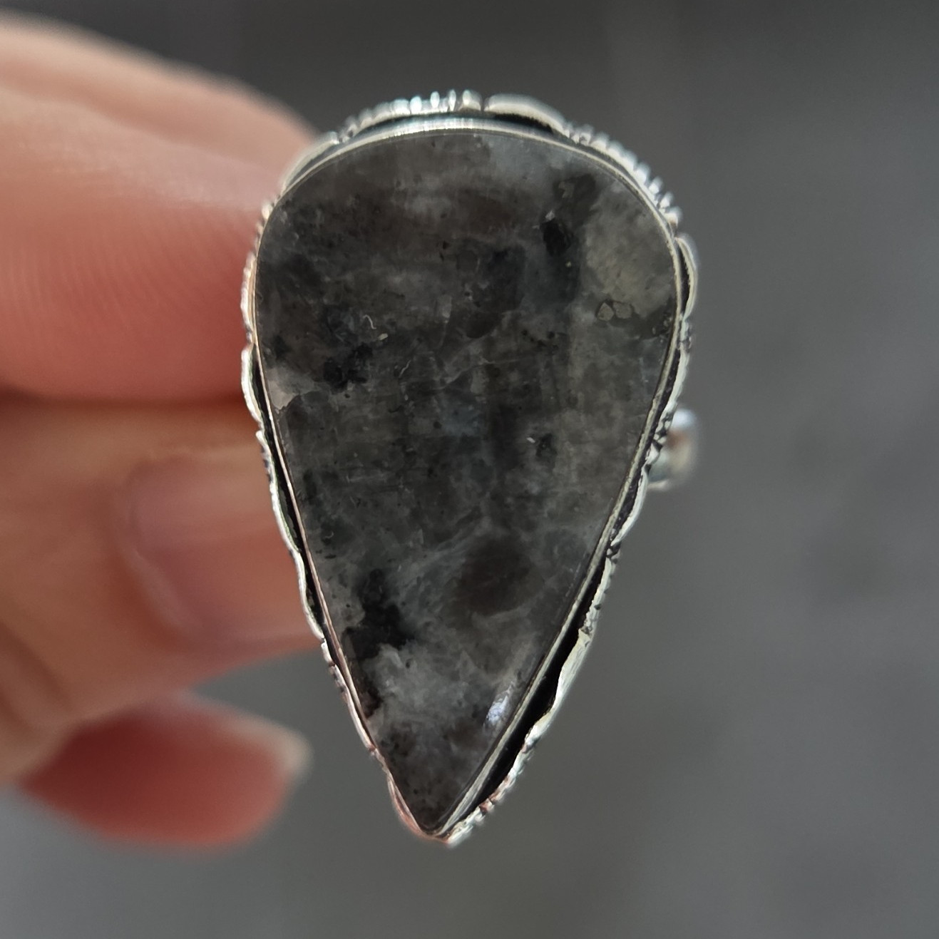Teardrop Black Stone Bezel Set Cocktail Ring Size 7