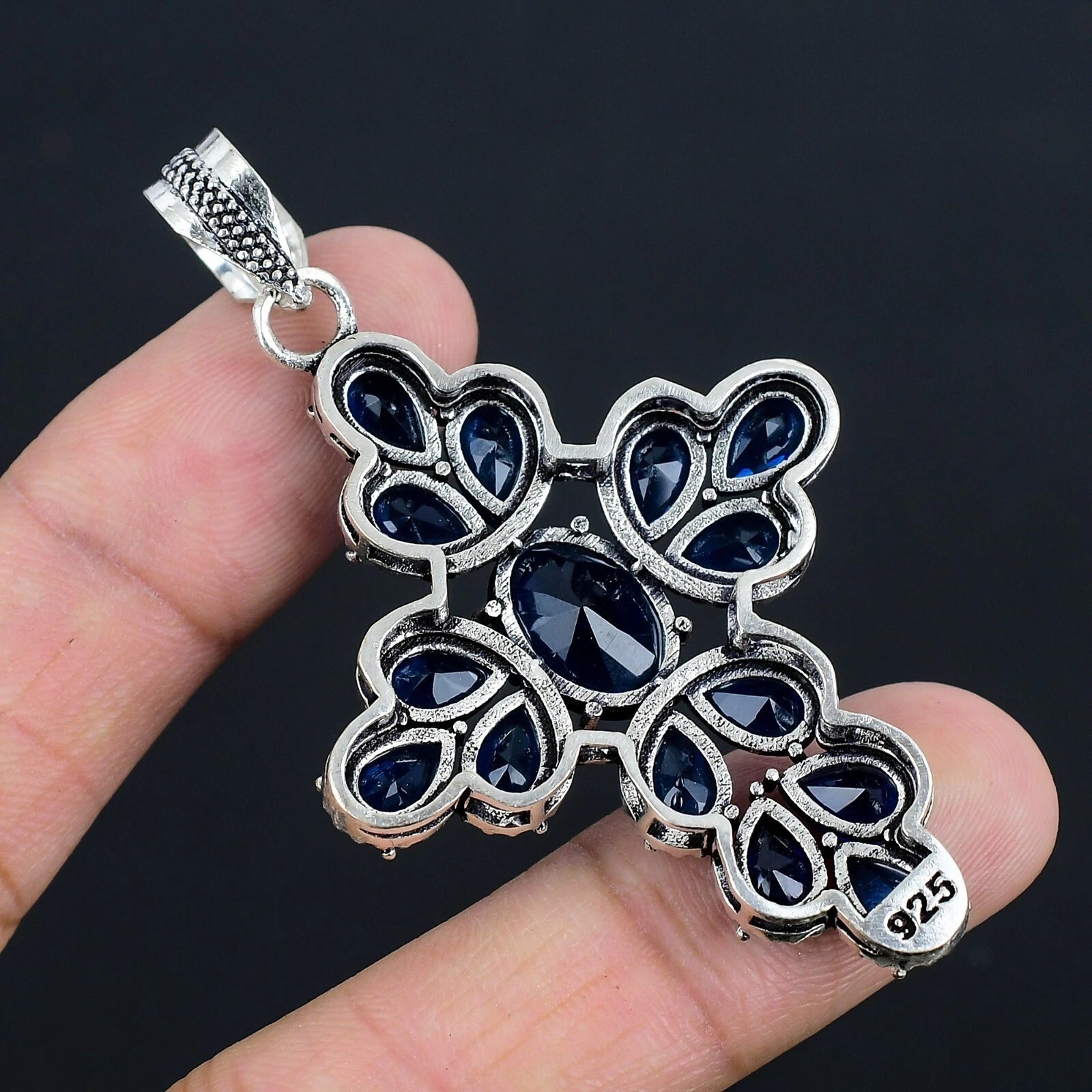 Sapphire (Lab-Created)Gemstone Handmade 925 Sterling Silver Jewelry Pendant 2.3″