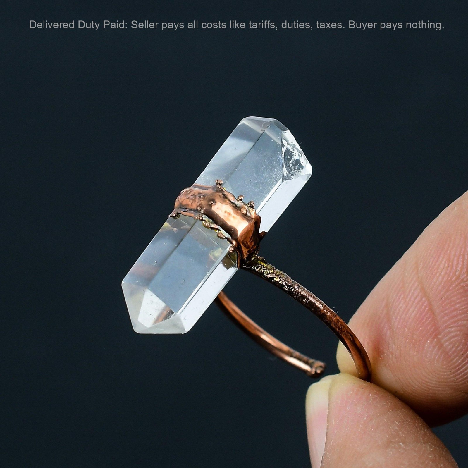 Copper Pentagon Crystal Gemstone Electroformed Stackable Statement Ring Jewelry