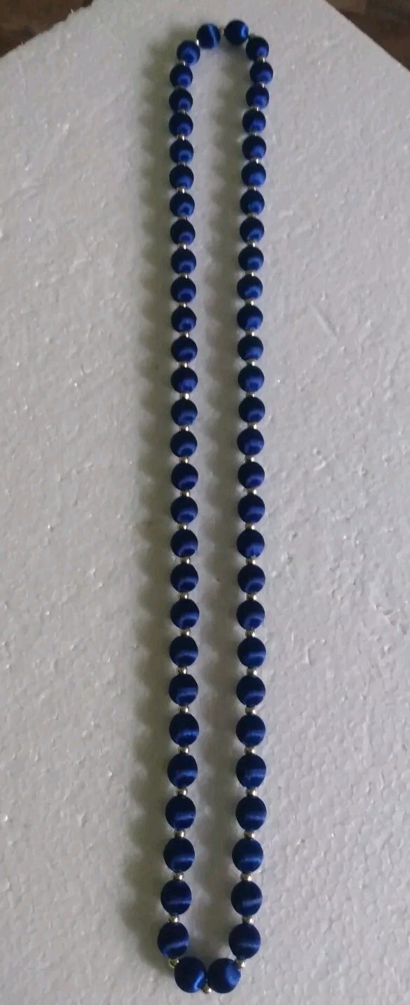 3 Necklaces Made W/ Silk Satin Thread Over Round Beads 28″ In Teal, Navy & Brown