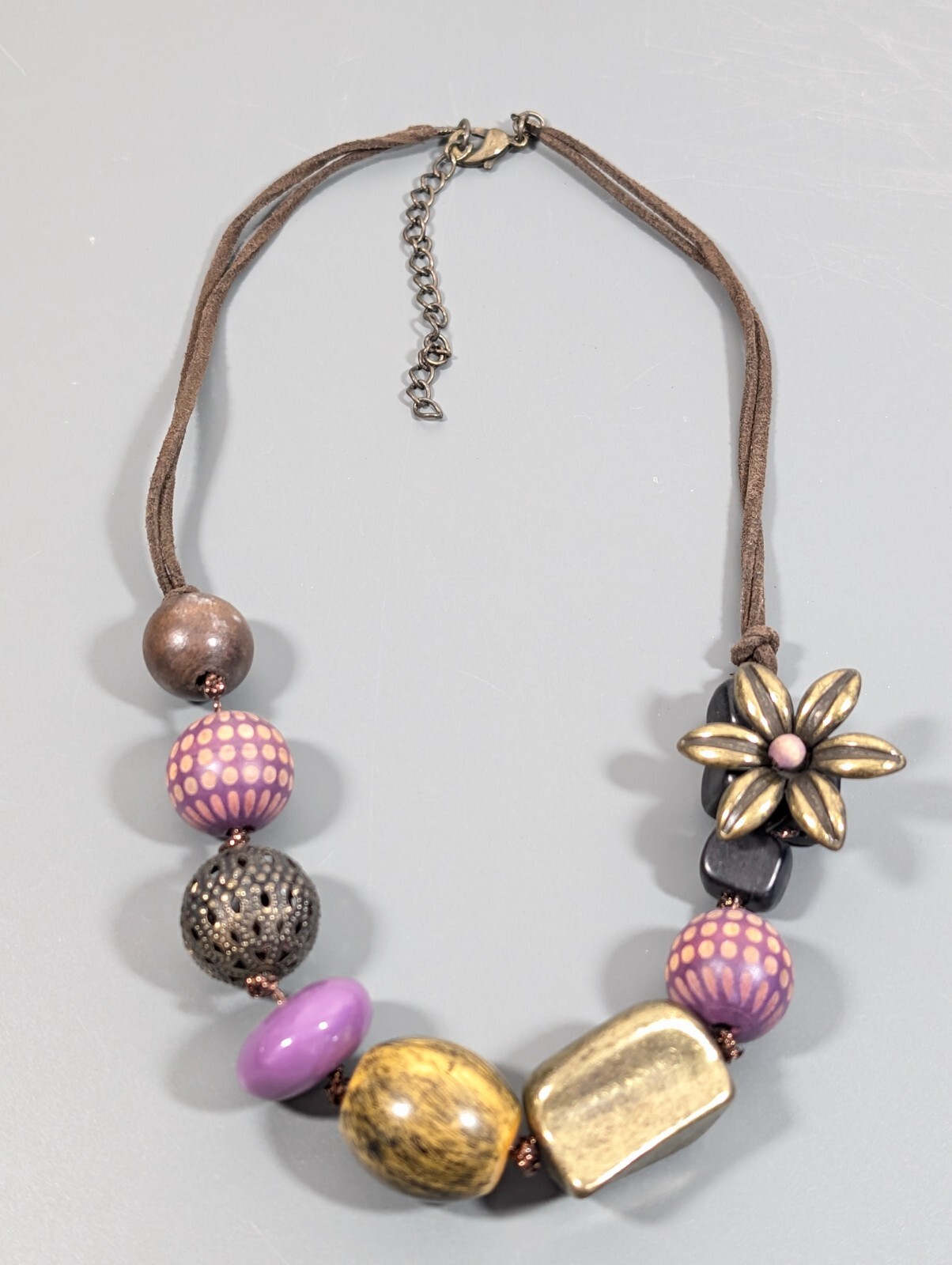 Boho Purple Bronze Tone Flower Beaded Filigree Ball Wood Cord Necklace 23 in