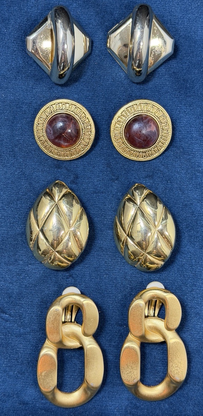 Vintage 80s All Gold Tone Clip On Earrings Lot 4 Pairs Modern Pointed Big Chain