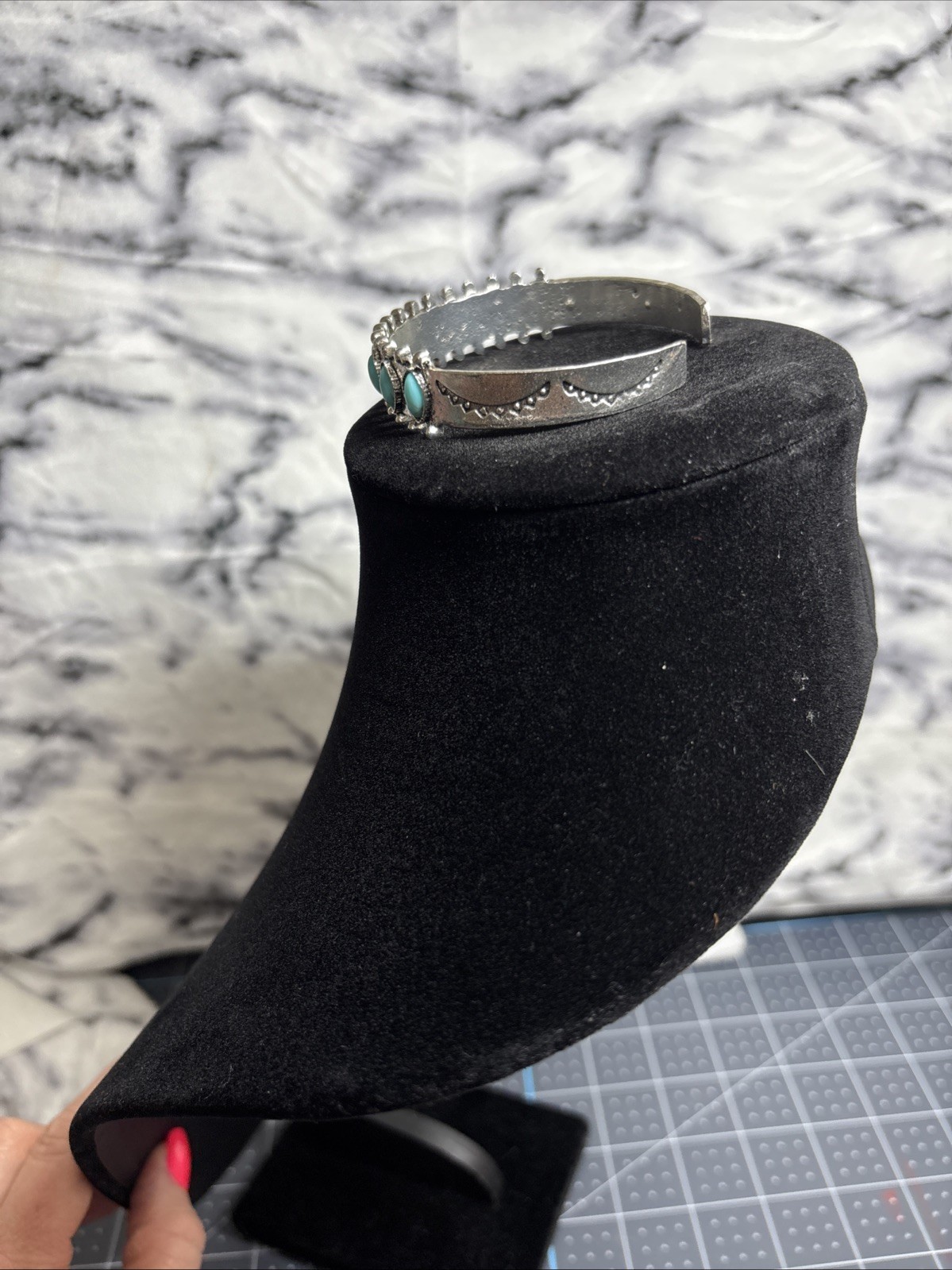 Silver Tone Faux Turquoise Stones Open Bangle Cuff Bracelet Boho Southwestern