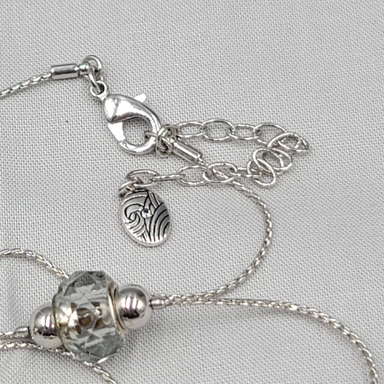 Signed Station Necklace Silver tone Glass Long 36 in