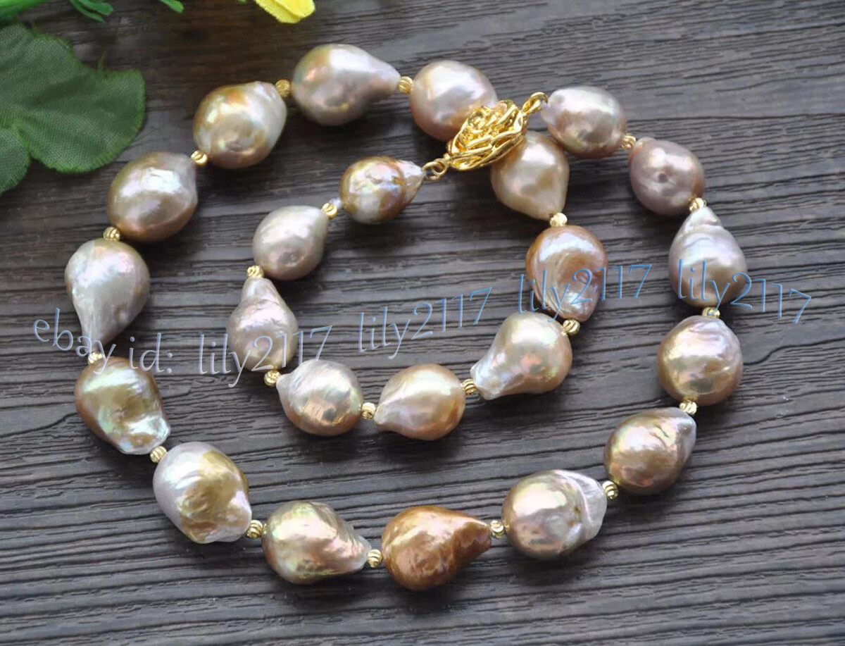 15-20mm Real Natural Peacock Lavender Baroque Keshi Reborn Edison Pearl Necklace