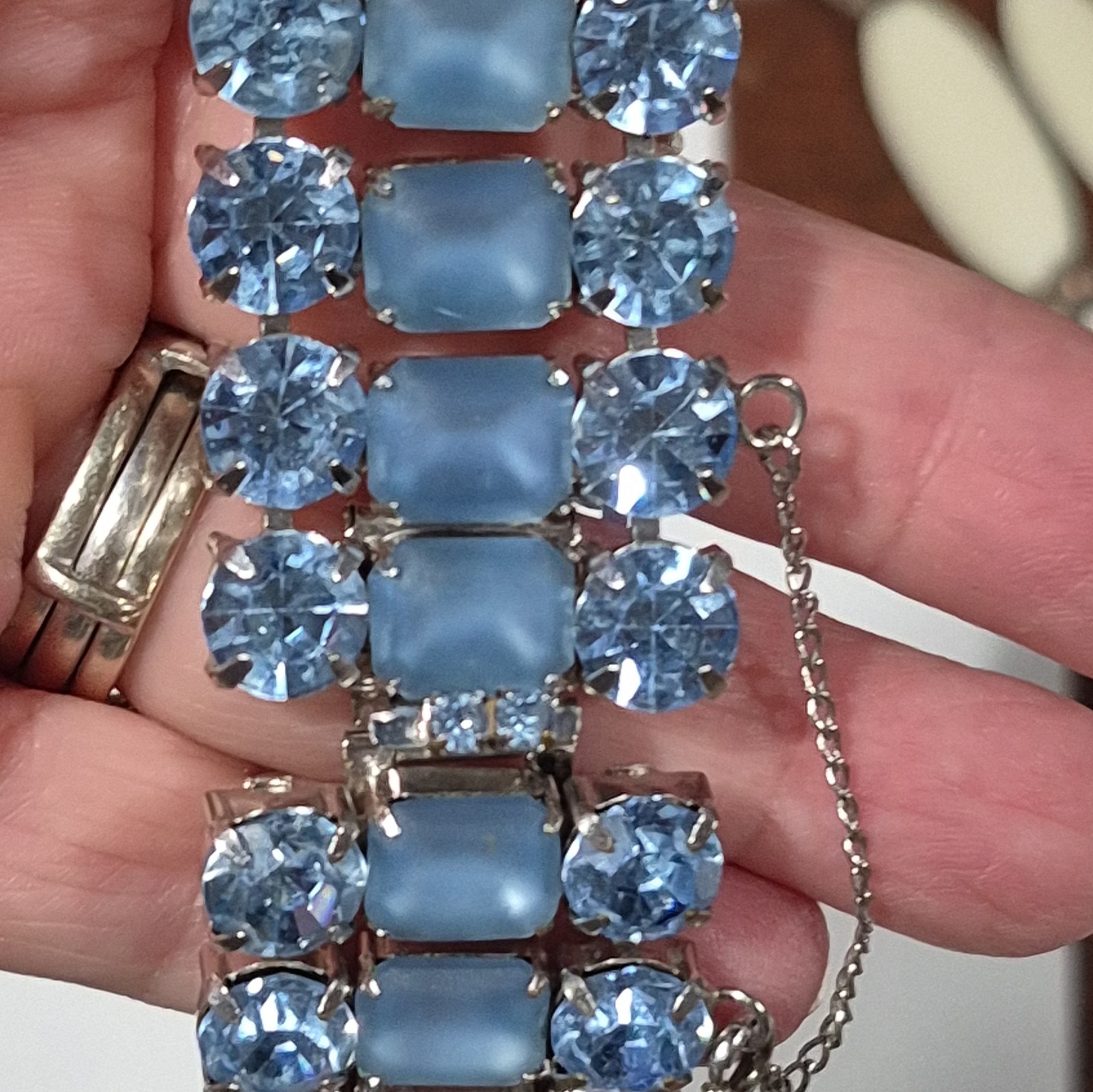 Blue Crystal Tennis Bracelet, Safety Chain, Silver Tone, 7.5in, Box Clasp