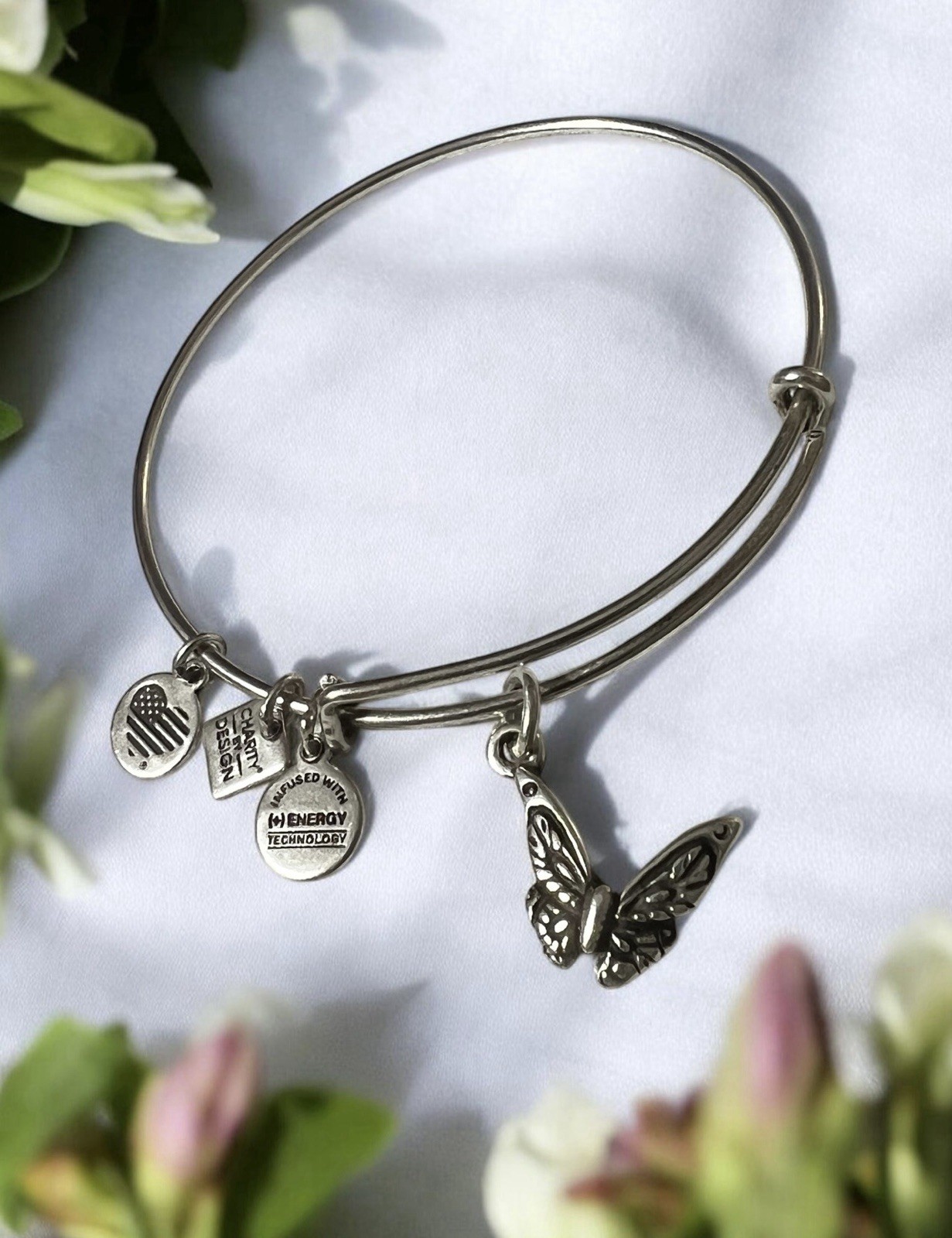 Alex and Ani Charity by Design Butterfly Dangle Silver Tone Expandable Bracelet
