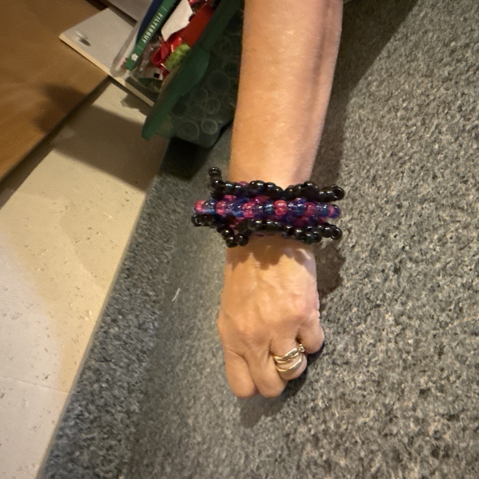 Black Purple Pink Plastic Beaded Cuff Bracelet, elastic, rotating bracelet