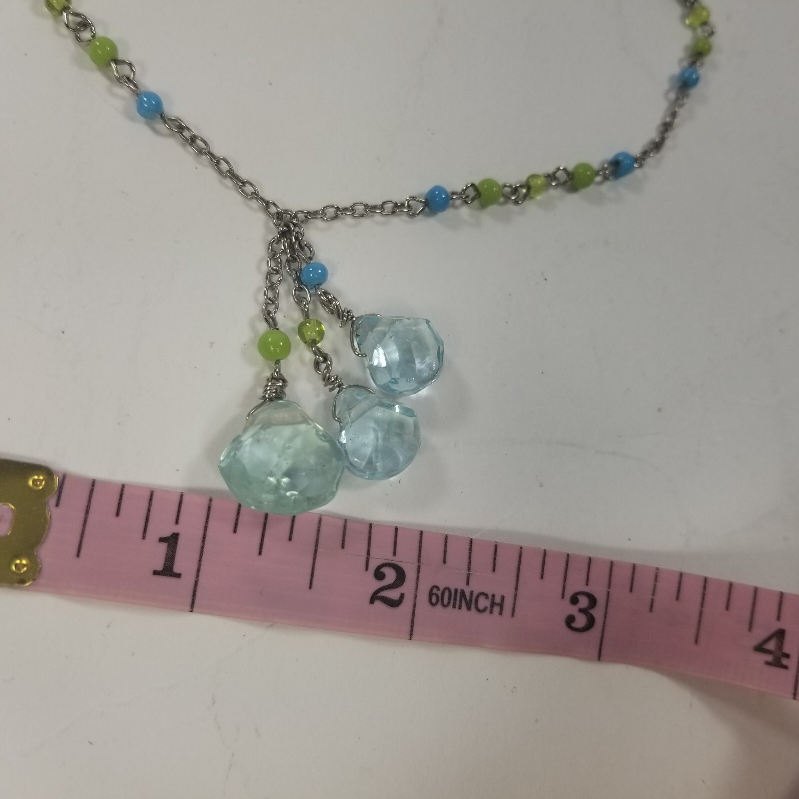 EXPRESS Blue Glass & Acrylic Beaded Dangle Tassle Pendant Necklace Silver Tone