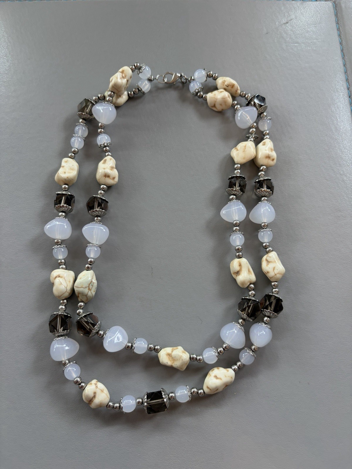 Vintage necklace stone nugget, crystal and glass double strand