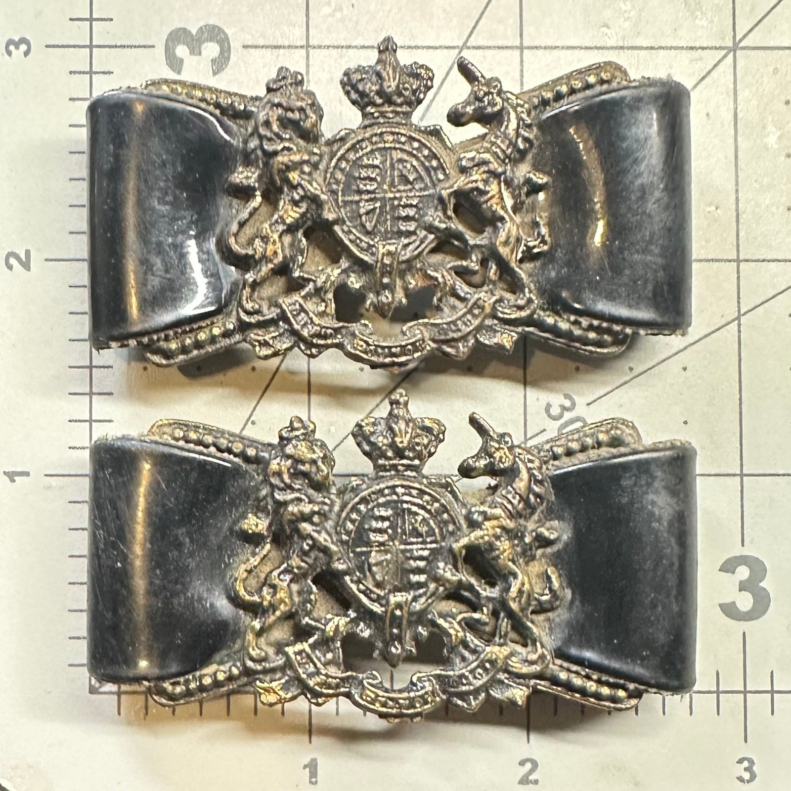 Set of 2 vintage British Military General heraldic patent leather bows buckles