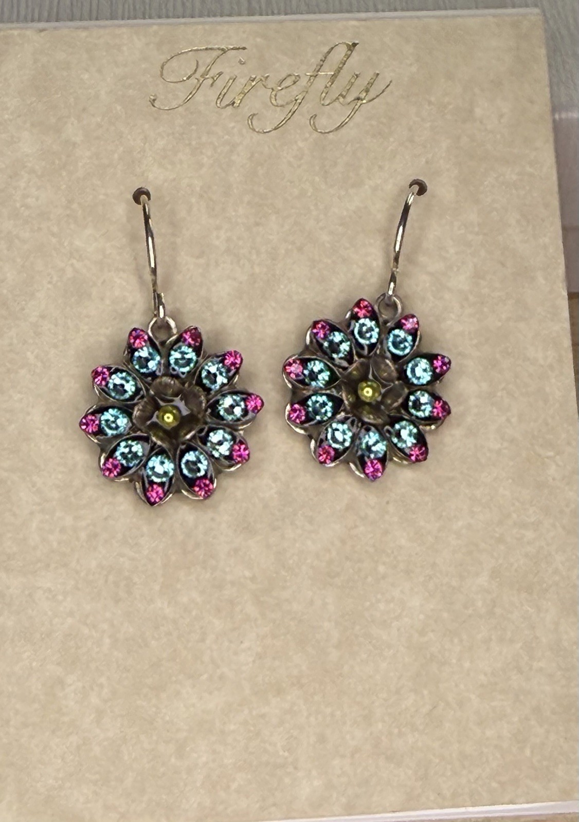 Light Blue Pink Crystal & Bead Starburst Flower FIREFLY PIERCED EARRINGS E44-MC