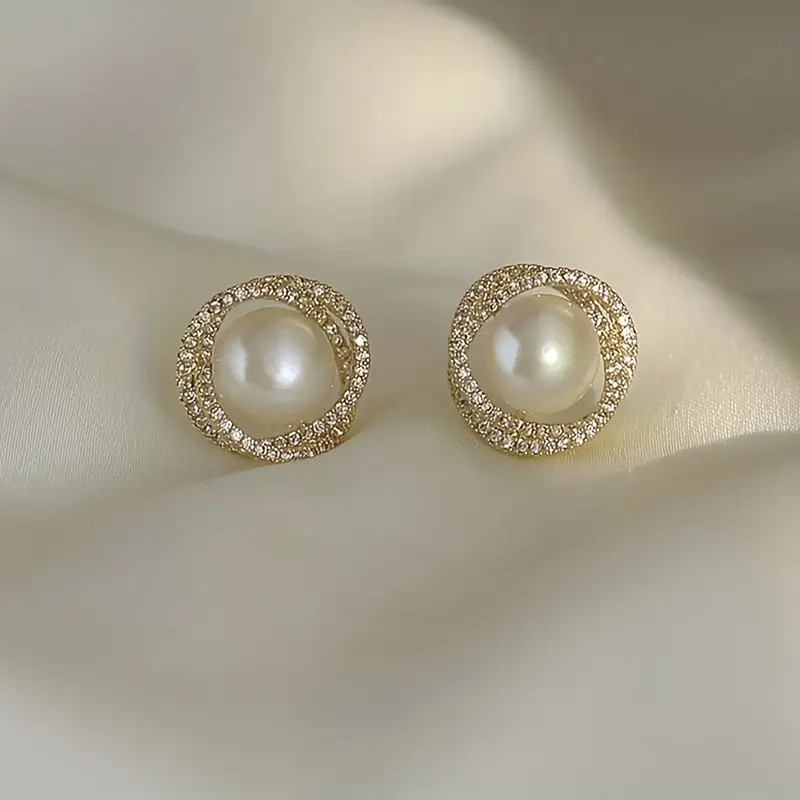 Gold Round Diamante & Pearl Studs Earrings (Free Gift Box Included)