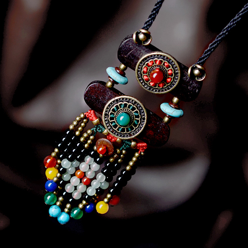 Ethnic Beads Long Necklace Hippie Boho Jewelry Homemade Wood Pendant Women Gift