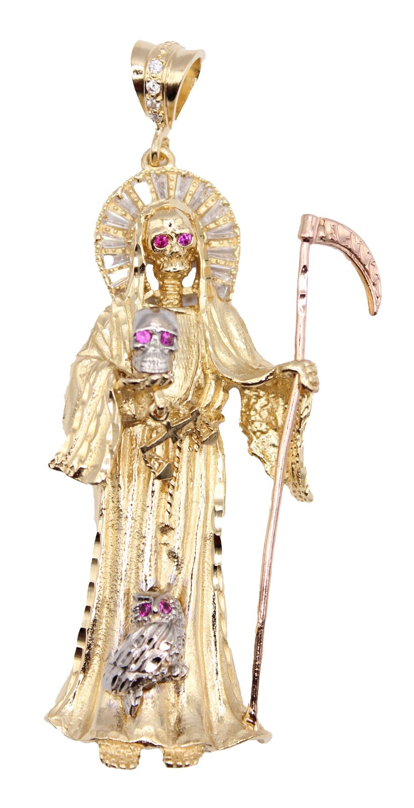 Santa Muerte Holy Death Grim Reaper 18k Gold Plated 3 Tone Pendant with 24 inch