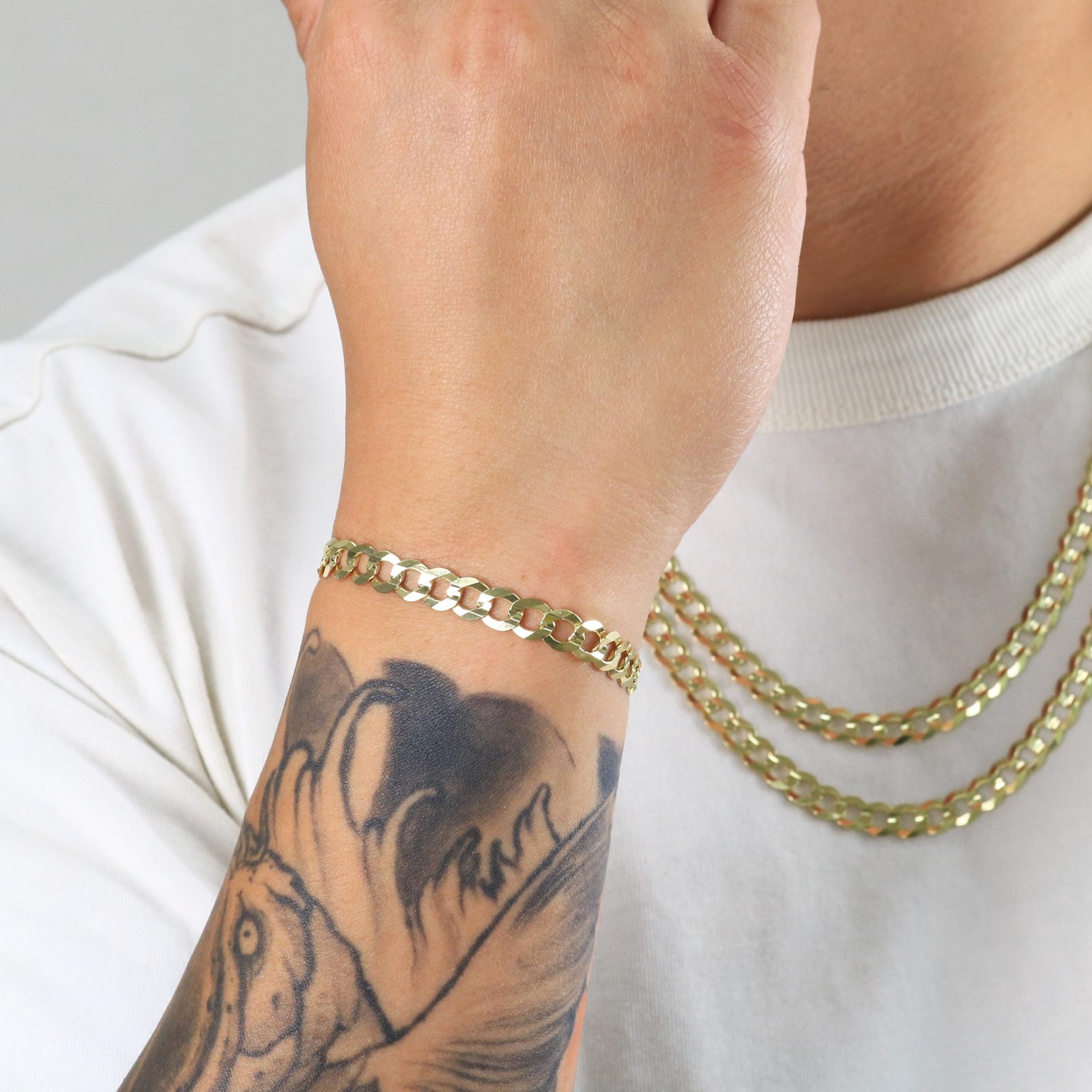 14K Yellow Gold Solid 7mm Concave Curb Cuban Chain Italian Link Mens Bracelet 8″
