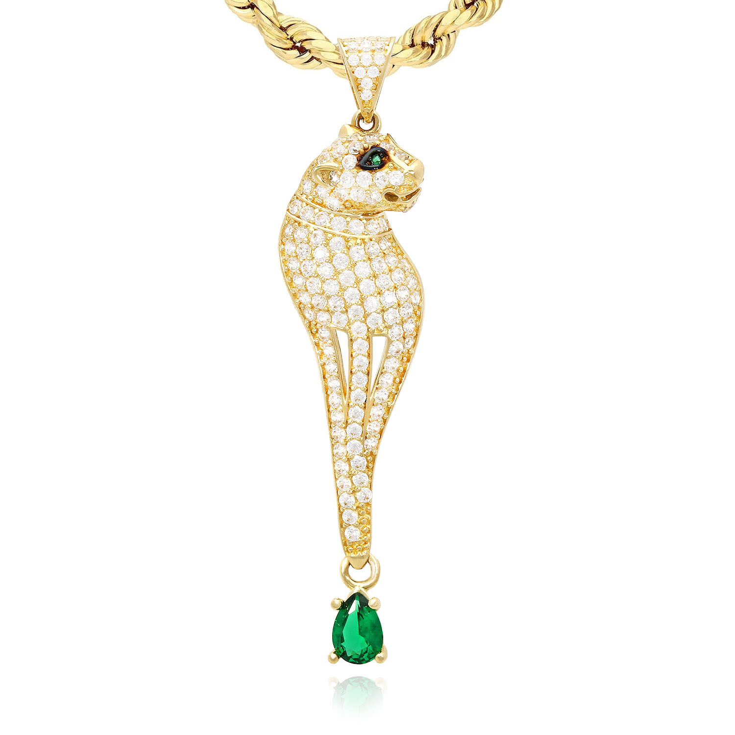 14K Yellow Gold Simulated Diamond Pave Panther Pendant With Dangle Pear Emerald
