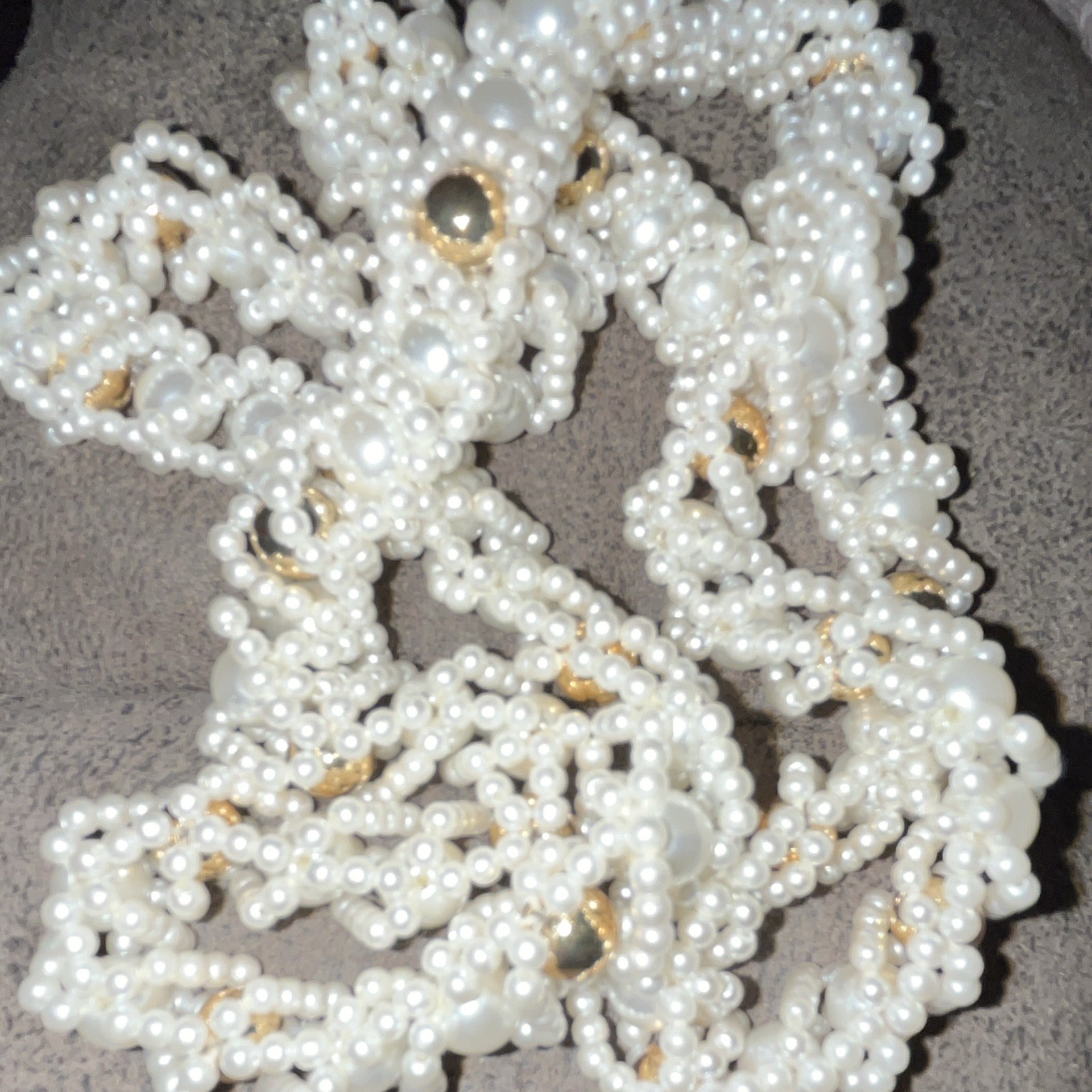 Vintage White Simulated Pearl Beaded Chain Necklace Strand w/ Gold-Tone Accents