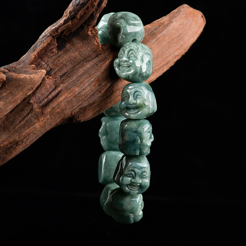 Natural Grade A Jadeite Deep Bean Green 12PCS Maitreya Buddha Head Bead Bracelet