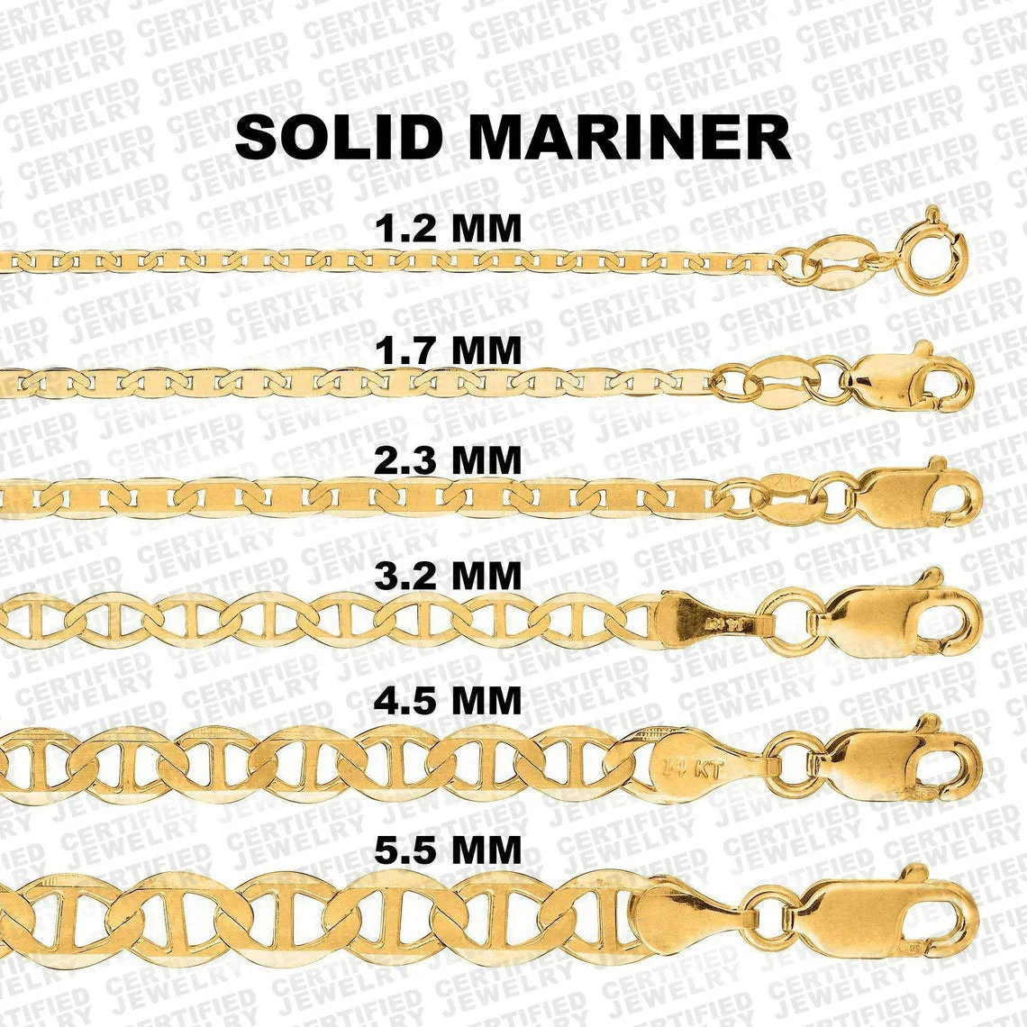 Solid 10K Yellow Gold Mariner Link Chain Necklace, 1.2mm To 5.5mm Wide