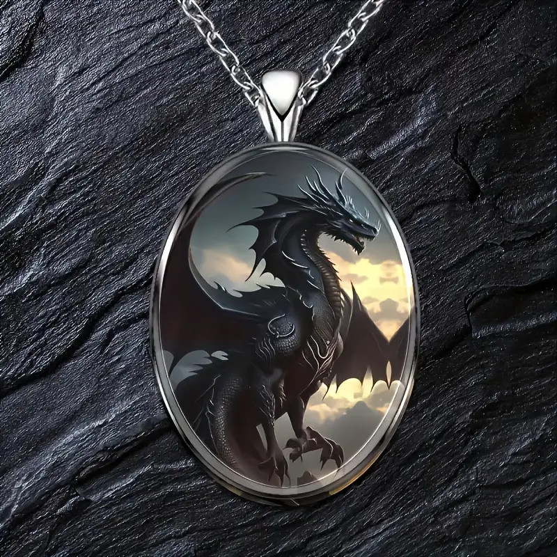 Dragon Dark Oval Jewelry Vintage Silvery Magical Gothic Pendant Necklace