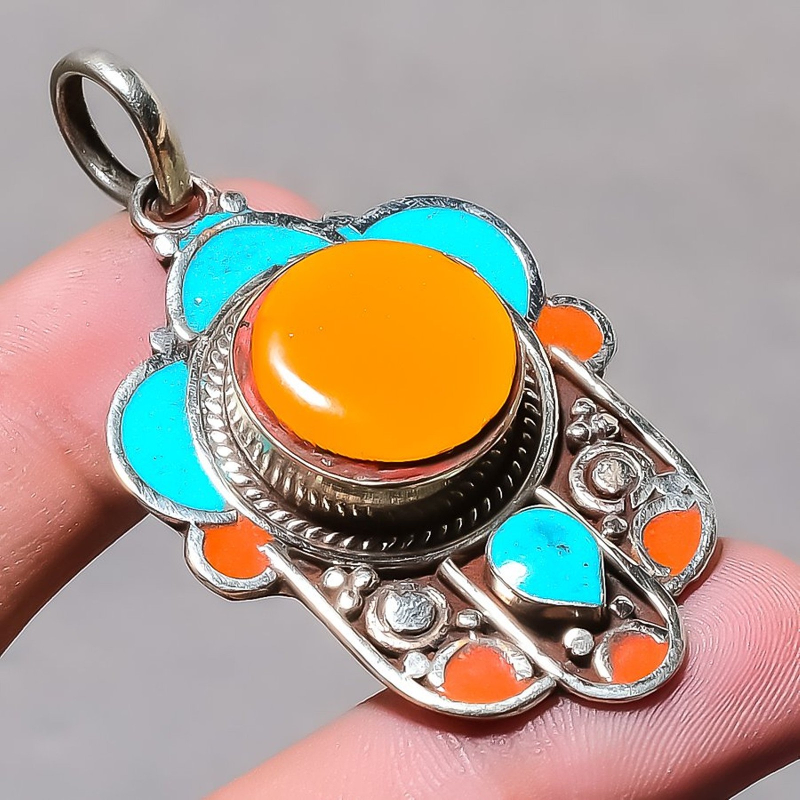 Yellow Coral Tibetan Turquoise Handmade Gift Jewelry Nepali Pendant 2.2″ SR 2313