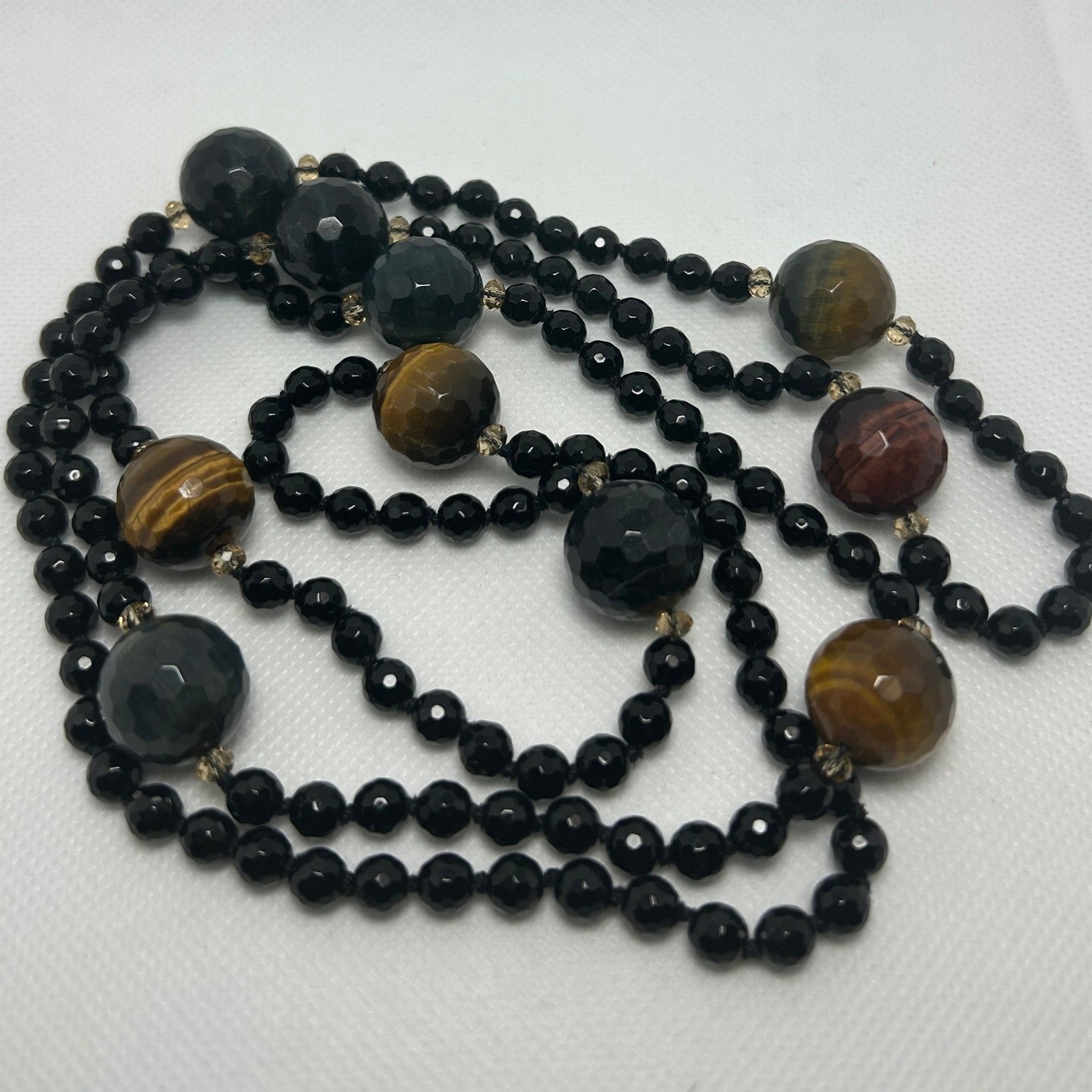 Black Brown Tigers Eye Faceted Stone Beaded Necklace 40 Inch Earthy Flapper