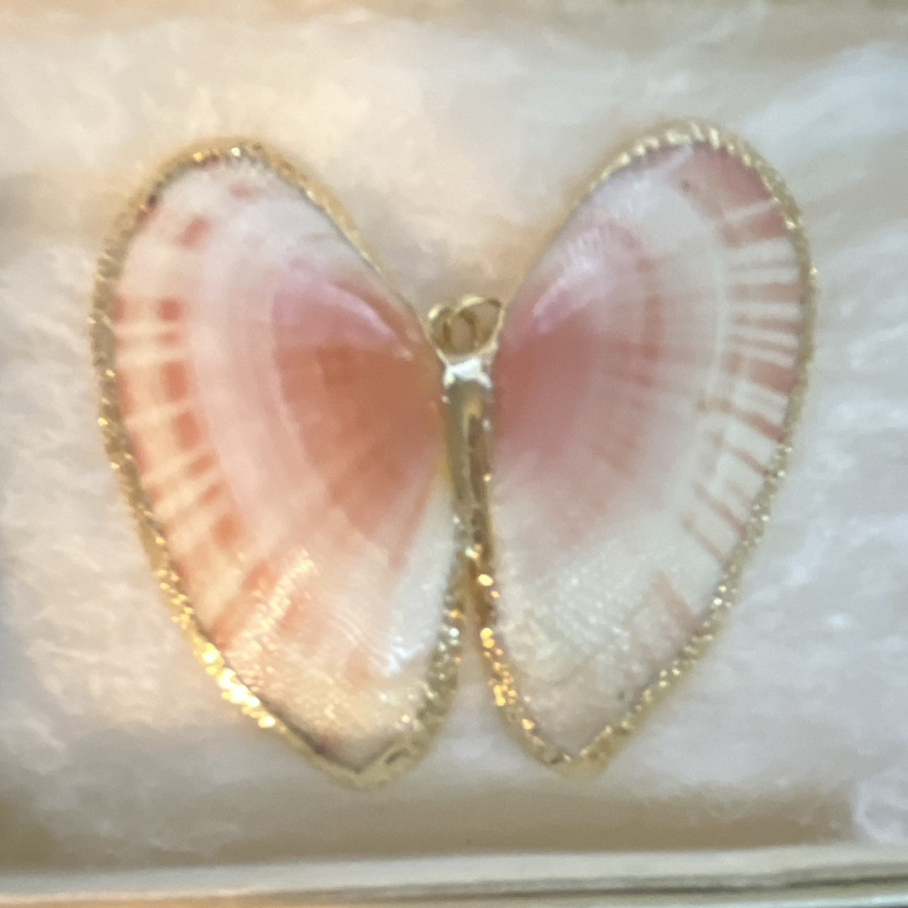 Pink & White Shell Butterfly Brooch Pin, Gold Tone Nature Theme