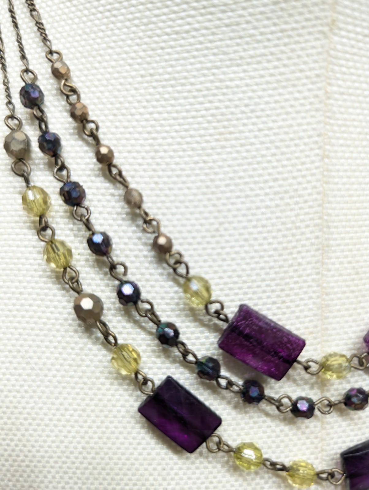 3 Strand Choker Necklace Purple Oblong Chunks w/Yellow & Tiny Brass Beads